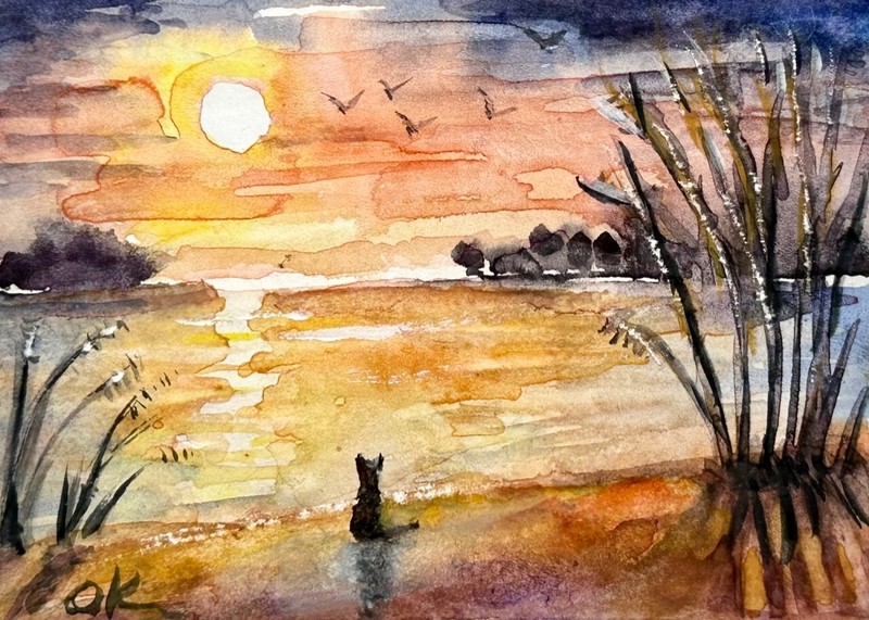 ACEO Original Sunset on the river with a cat and reeds Watercolor 3.5″ x 2.5″