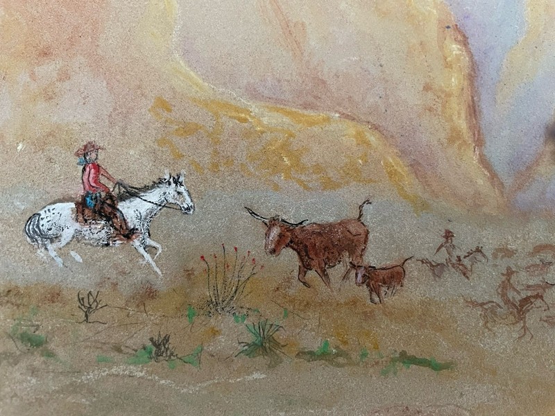 Amazing original art on Stone depicting the cattle drive through the canyon