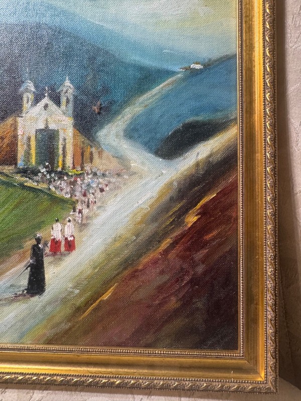 Maria Teresa Feo De Oliveira "Procession Church" Oil Painting - Signed/Framed gallery