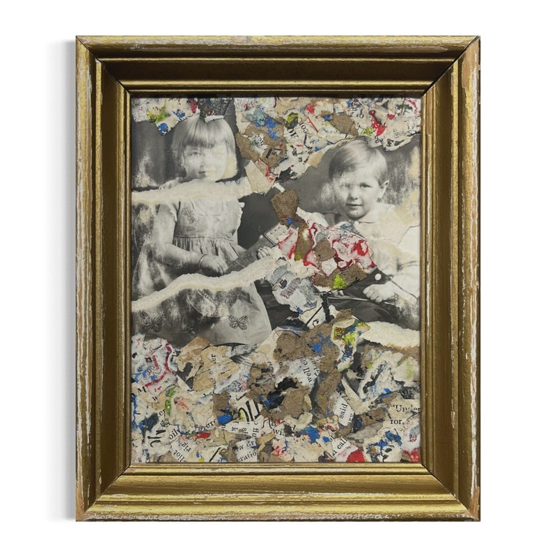 Original Framed Mixed Media Art Collage 5×6 «Photo of Children with Guitar «