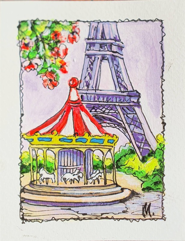 Eiffel Tower ACEO Set Original Mini Paintings Paris Floral Art Collection gallery
