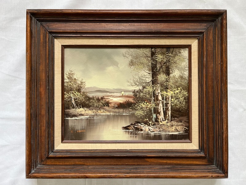 Vintage original oil painting on canvas Landscape signed by L Carr framed 20×24