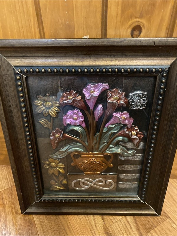 Vtg painting of a vase embossed w/multi color flowers Hand Painted, 3D Flowers