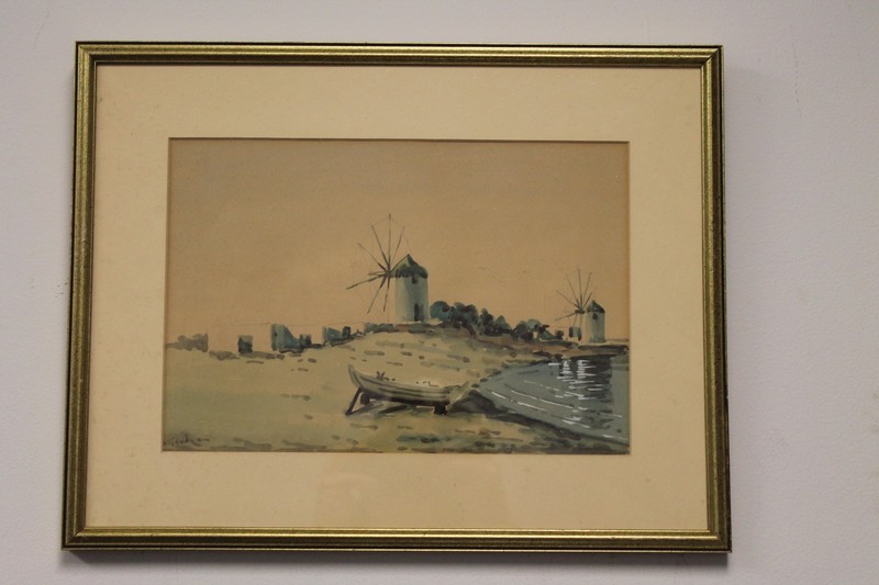 Original Watercolor Mediterranean Scene Boat Beach Windmill Alexander 17» X13»