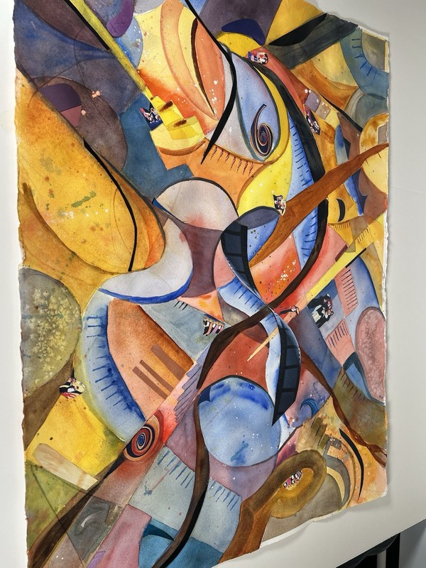 Large Abstract Watercolor Collage Painting 40x32 Modern Mid Century Art gallery