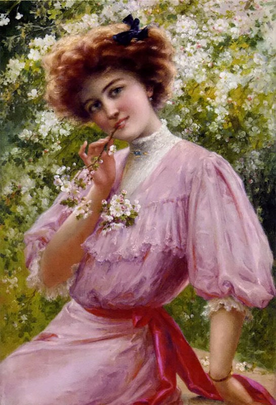 Oil painting emile vernon – pretty in pink girl in dress with spring flowers art