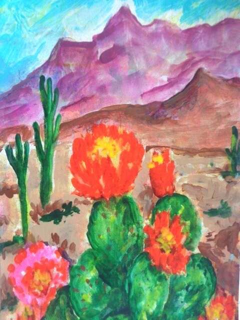 Original COLORFUL DESERT PRICKLY CACTUS MOUNTAINS Landscape Painting 4X6 gallery