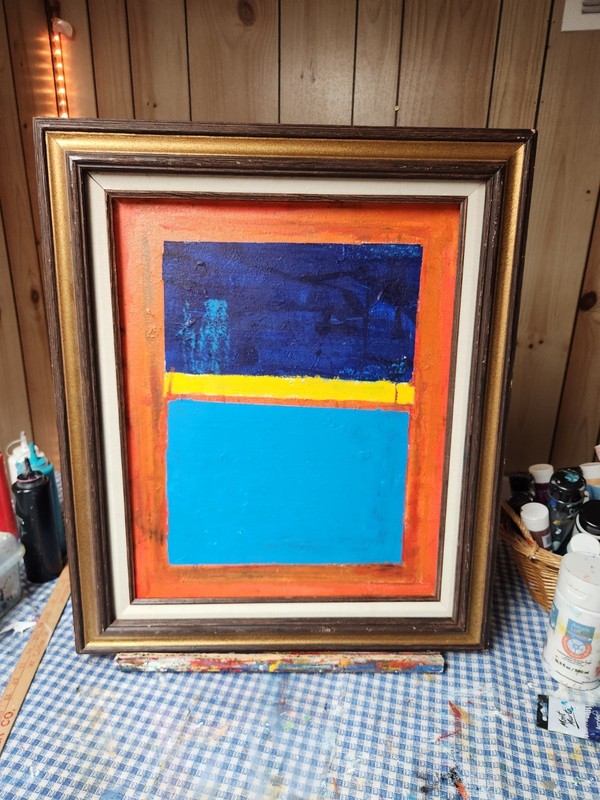 Original LARGE Framed Acrylic Media Abstract Art Painting Vintage Frame