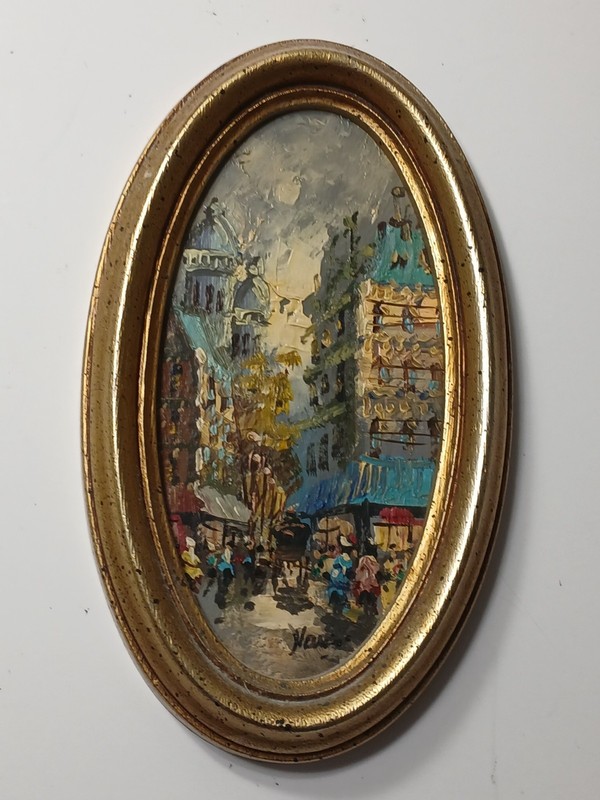 Original Signed Oval Painting by Marino, Parisian Street Scene Mid 20th Century
