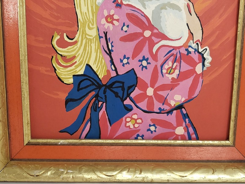 Vintage Paint By Number Framed Artwork Big Eyed Girl Blonde Hair Cat 1960s-70s gallery