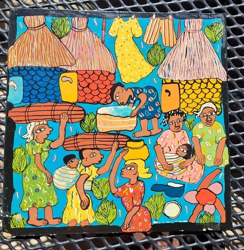 Zimbabwe African Folk Art Painting «Village Life» Good Condition Overall