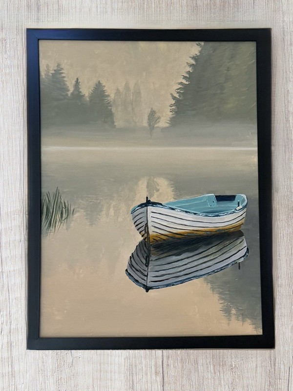 “Still Morning” Oil On Canvas Painting of a Boat By Julia Devlin 12×16” Framed