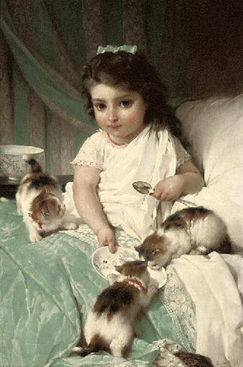 Oil painting Emile-Munier-Feeding-new-friends little girl child with kitten cats