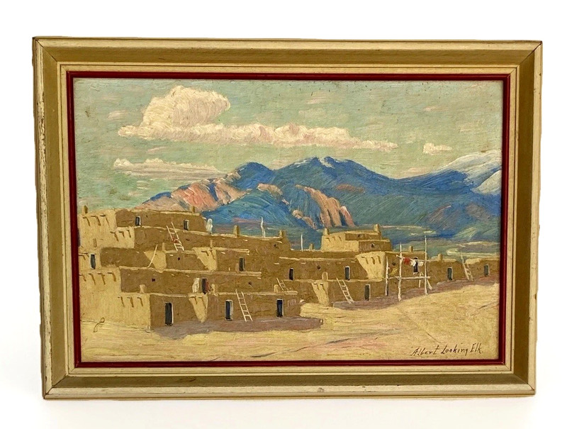 Orig Albert Looking Elk (Martinez) Oil Painting, Taos Pueblo, Framed 14" x 10" gallery