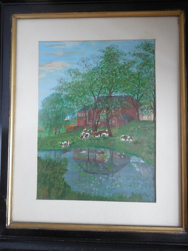 Vintage Farm scene Original Acrylic painting framed 20" x 16 3/4" by Lal ? gallery