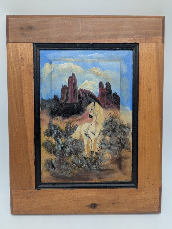 Original Hand-Painted Wild Horse Oil on Vintage Cabinet Door Rustic Southwest