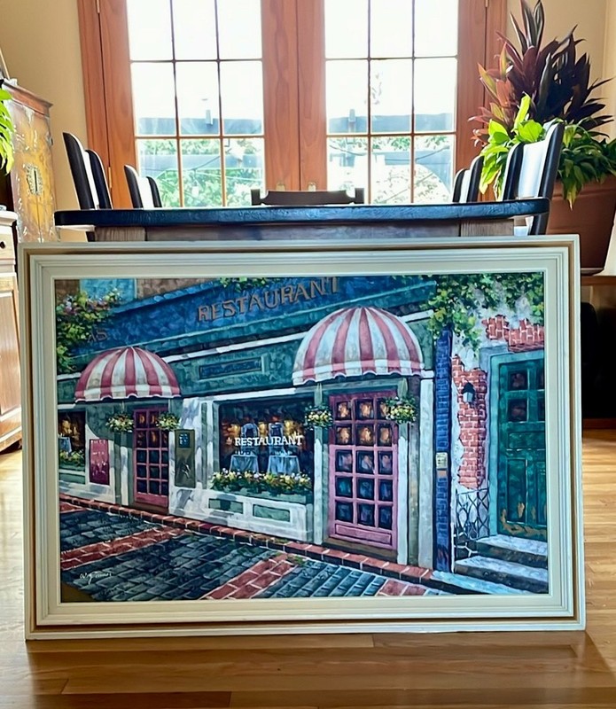Vintage signed W James real oil painting with wood frame restaurant exterior