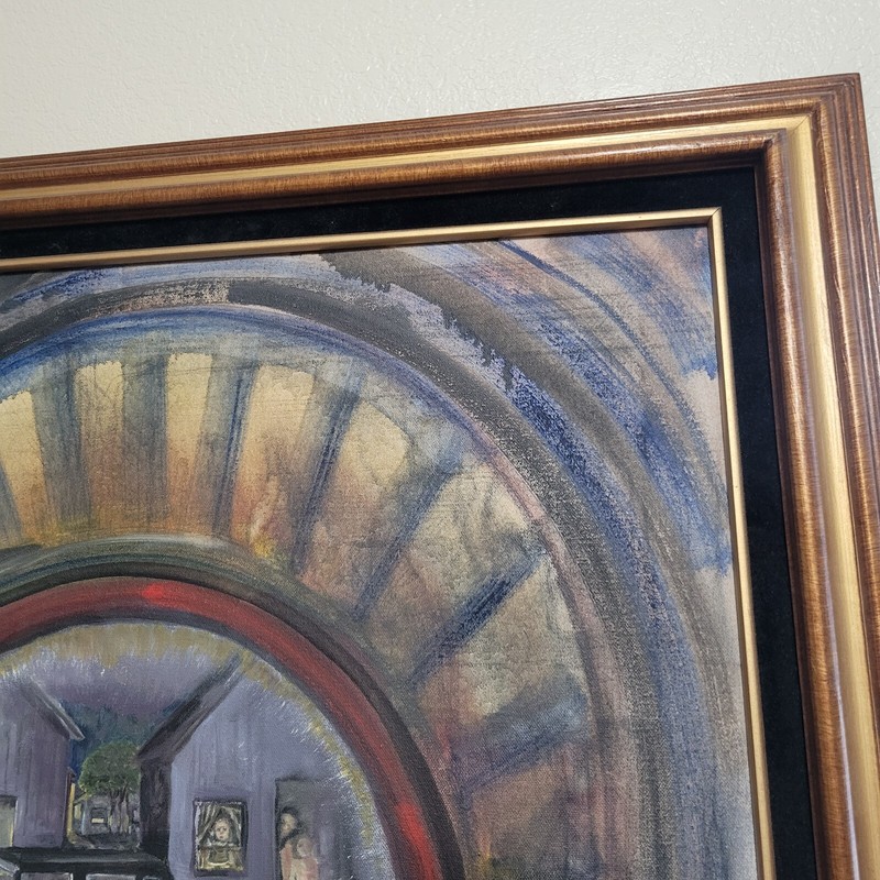 Vintage 60s Folk Art Painting Hubcap Reflection Migrant Worker Camp Framed 27x31 gallery