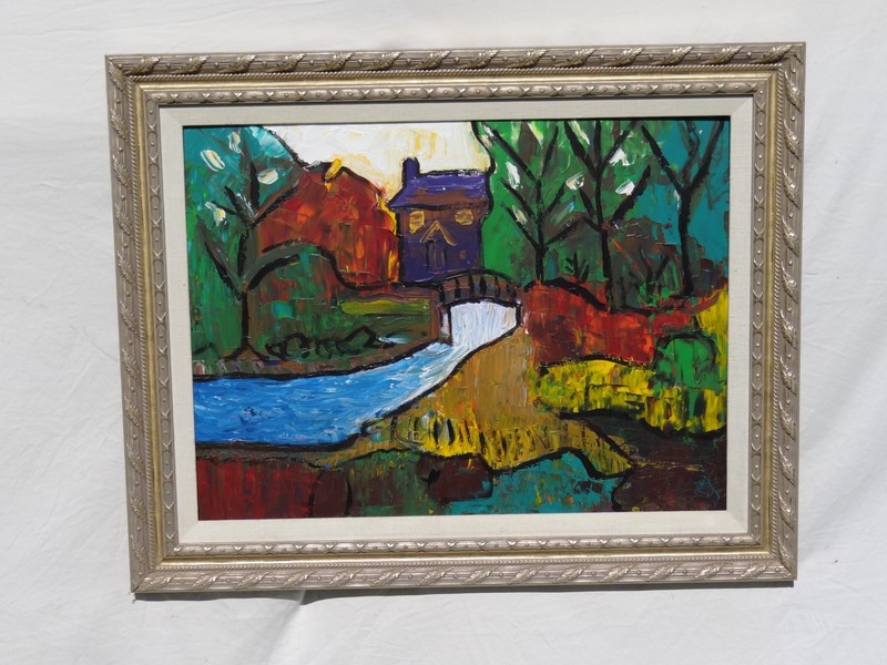 Acrylic Painting Expressionism Waterfall, House about 24″ x 36″ Hardboard