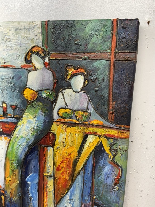 W. Mirkin Signed Colorful, Bold, Impasto Women Bar Scene Abstract Oil Painting gallery