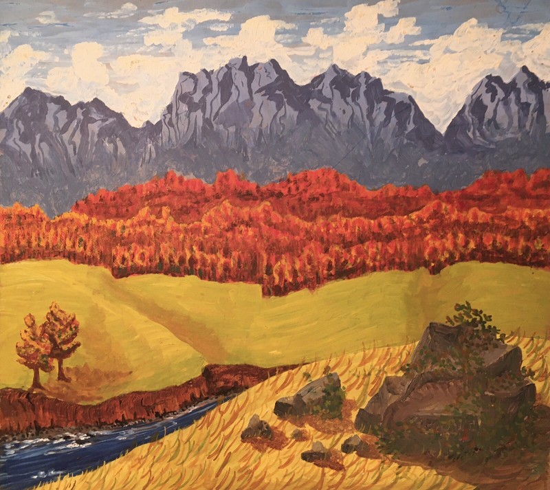 2 Side Still Life & Mountain Landscape 12 1/8″x12″ Particle Board Sue Overton