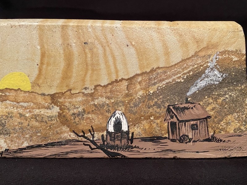 Johnathon Johnson 'Dineh" Signed Painted Slab Sandstone Prairie Wagon Desert gallery