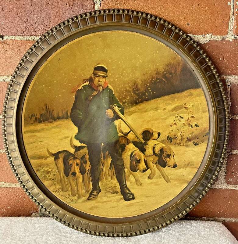 Antique Albert de Gesne Metal Plate Oil Painting Hunting Scene Signed Original