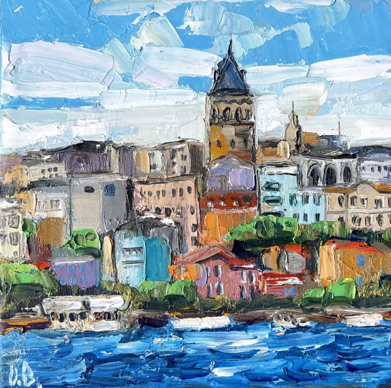 Istanbul Painting Galata Original Art Impasto Oil Canvas Painting 7.5×7.5″