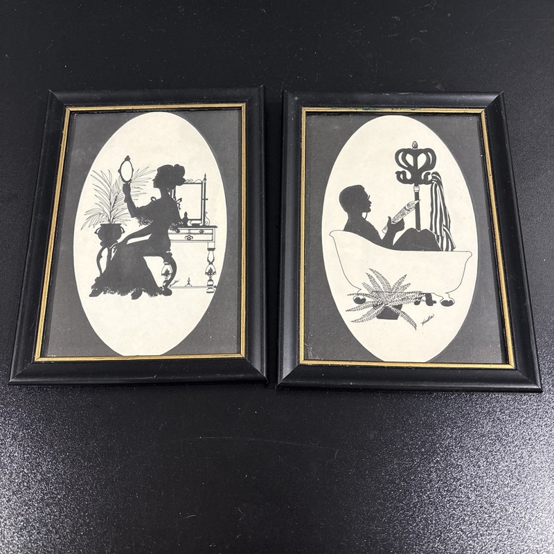 2 Mirella Vintage Silhouettes Framed Wood Man Bath Clawfoot Tub women w/ mirror