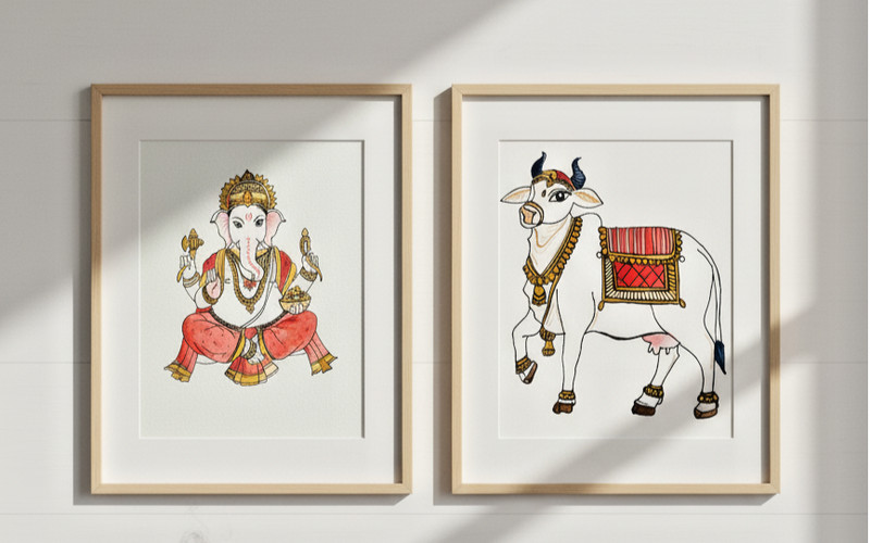 Pichwai wall art Cow & Ganesha painting artist signed original 8.5 X 11″