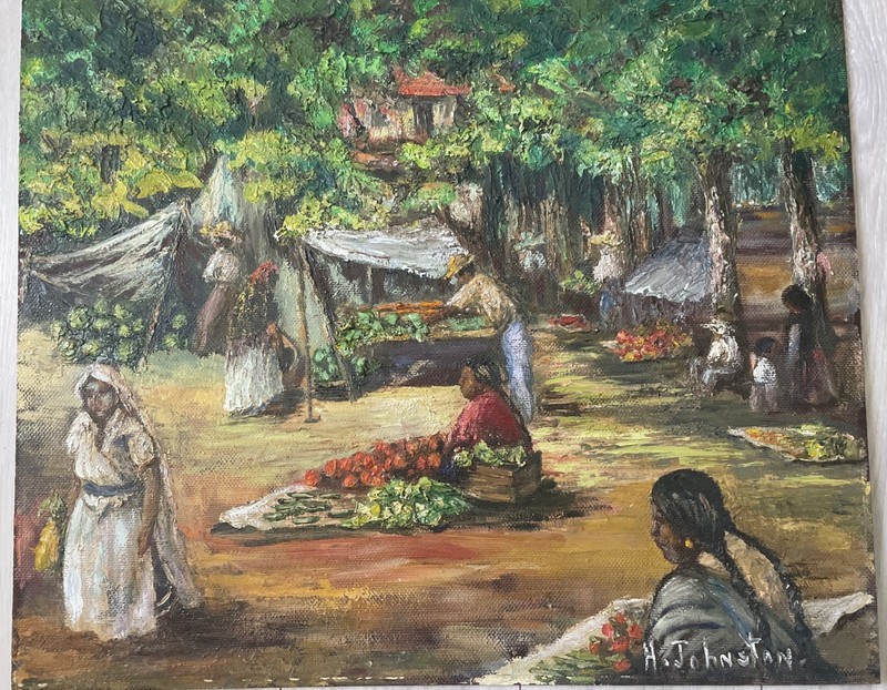Original Village Market Patzcuayo Scene Folk Art 20″X24 By Johnston