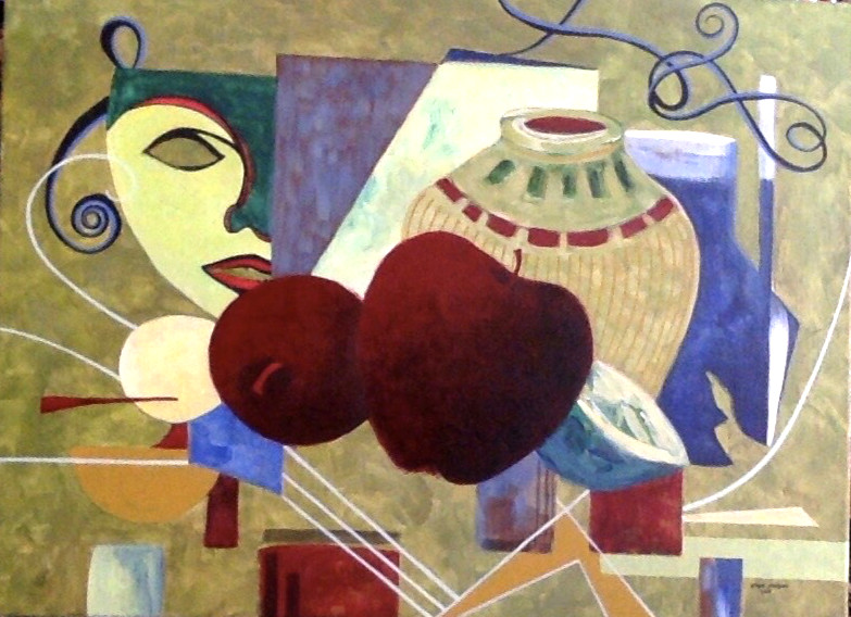 Abstract Cubist Tabletop with Mask EVAN JOHNSON Oil Painting on Canvas 18×24