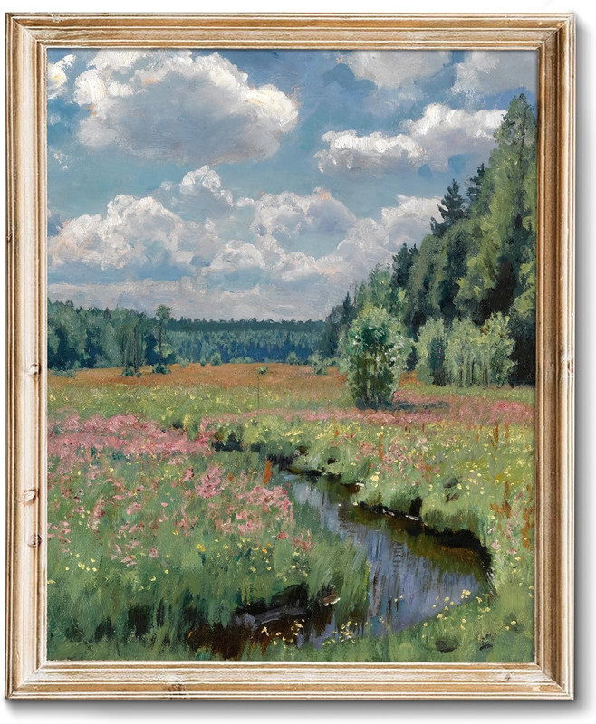 Vintage French Wall Art Wildflower Landscape Painting Art French Cottage Living