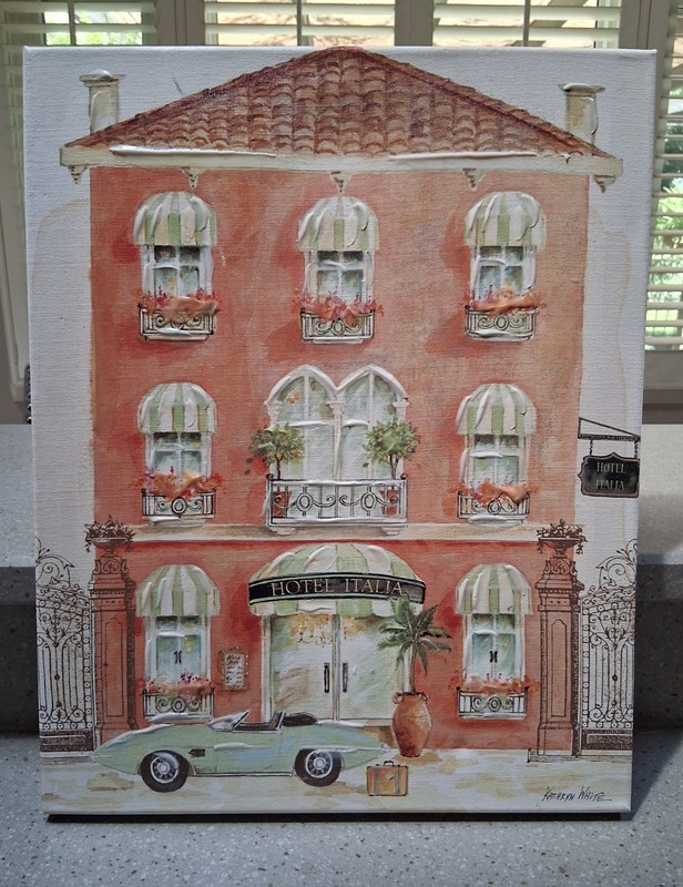 Kathryn White Italian Hotel Italia Embellished Giclee Painting 20”x16”, EXC Cond