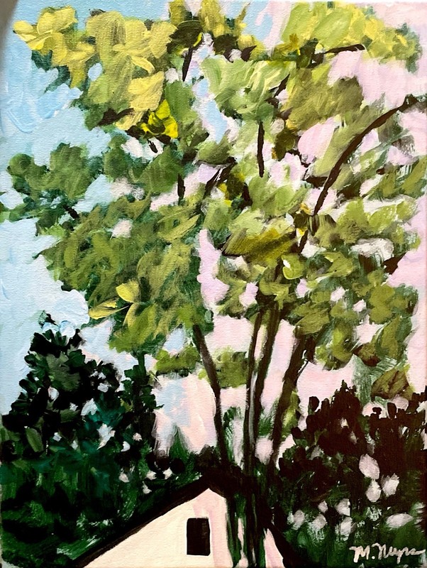 Mary Myers Original Abstract Expressionism 11x14 House in Trees Signed gallery