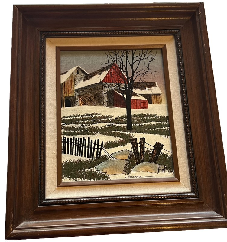 VINTAGE H. HARGROVE - SERIGRAPH ON CANVAS - COUNTRY FARM BARN IN WINTER gallery