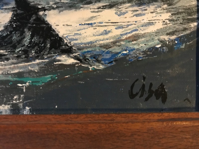 VINTAGE 50s abstract original hand painted oil PAINTING by Cisa seascape ships gallery
