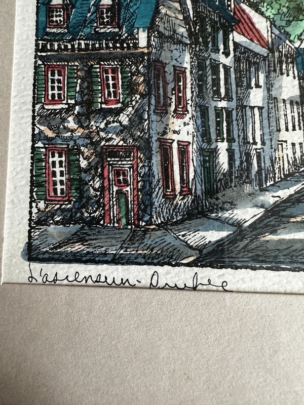 VTG Watercolor Ink Lithograph L’ascenseur Quebec Signed Jacques 8x10 Framed gallery