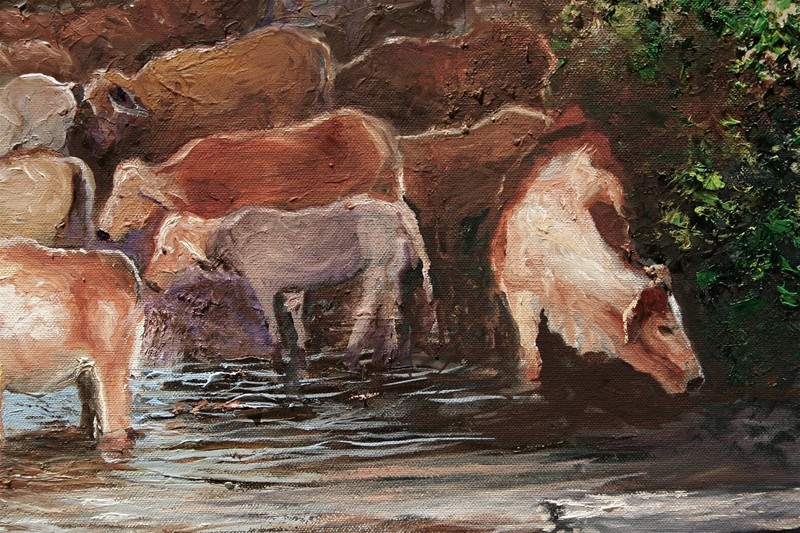 ANDRE DLUHOS Western Cows Herd Ranch Water Animals Original Art Oil Painting gallery