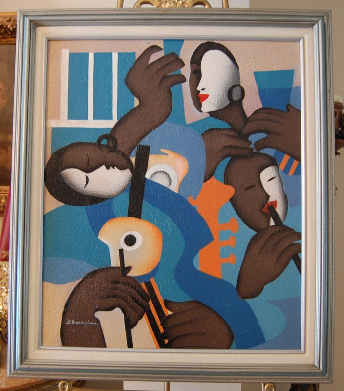VTG FRED BLASSINGHAM FRAMED ACRYLIC ART DECO STYLE AFRICAN AMERICAN JAZZ GROUP