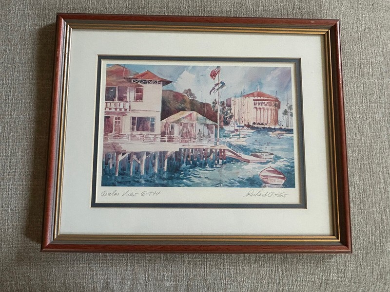 Framed Watercolor Art Print "Avalon View 1994" Catalina CA Signed Richard A Kent gallery