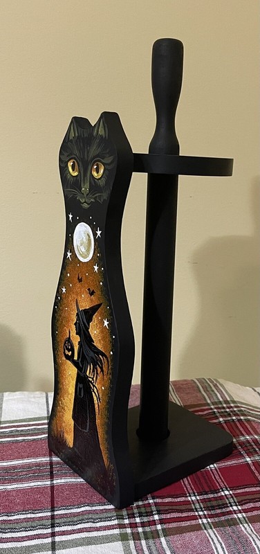 ORIGINAL Ryta Black Cat Halloween Paper Towel Holder Painting Folk Art Wood Odd gallery