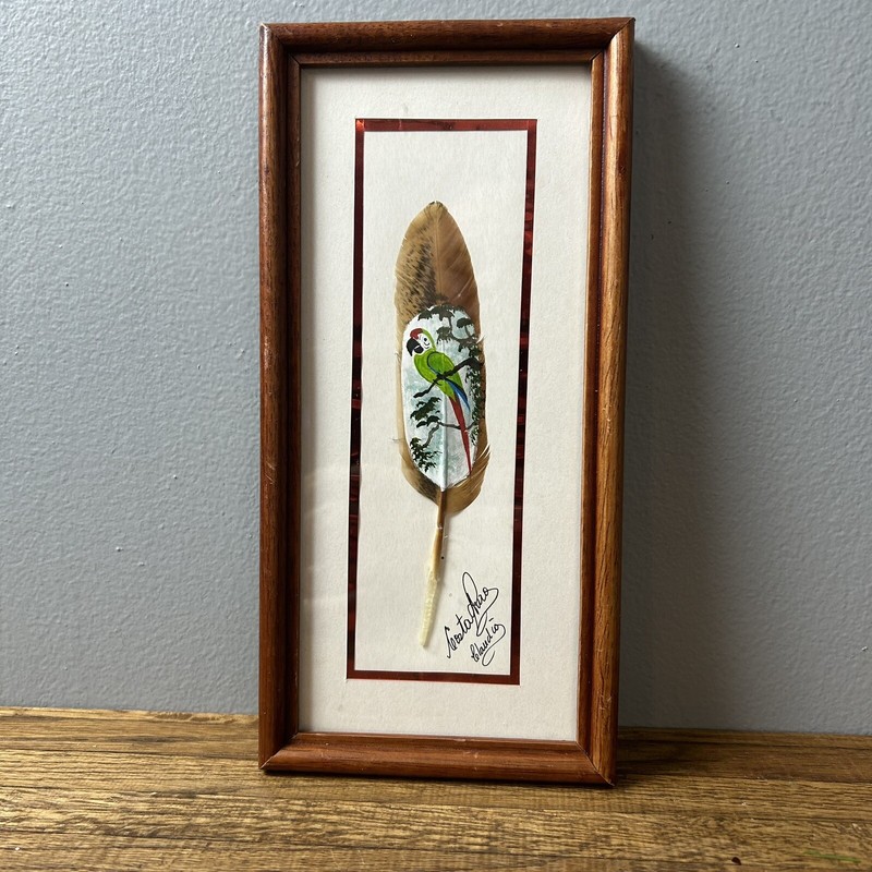 Feather Art COSTA RICA Hand Painted Macaw Signed Folk Art; Framed & Matted