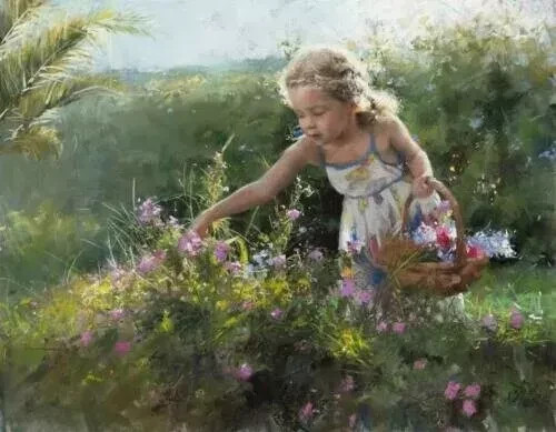 MQ1072 100% Handmade Painted Picking Flowers Girl Oil Painting Wall Canvas Art