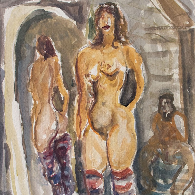 Horst Leifer Female Nude Semi Nude In Front Of Mirror Signed Watercolor And Pencil 1985