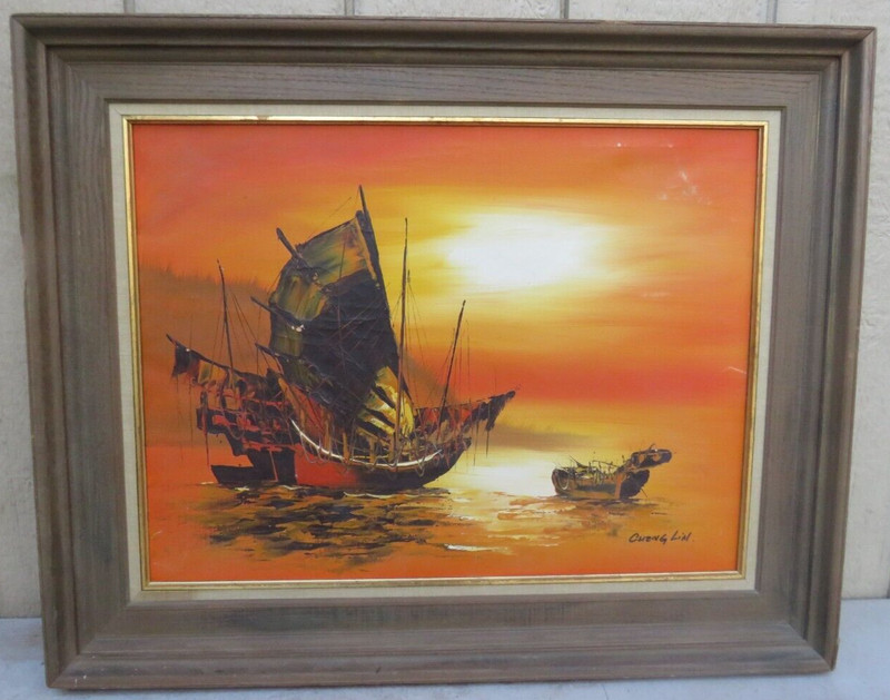 VINTAGE FRAMED ORIENTAL JUNK SHIP OIL ON CANVAS PAINTING SIGNED