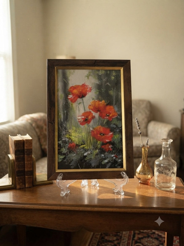 Original Oil Painting Framed Flowers Poppies Handmade Decor 4x6in Signed gallery