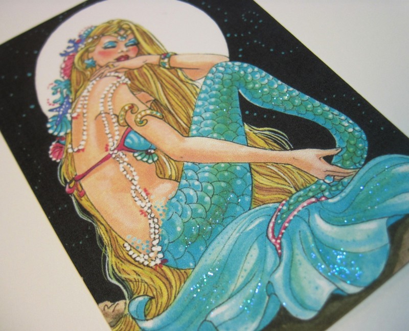 Mermaid Aceo Beauty Title: GOLDEN GLOW Moonlight stars Collectable PRINT L.E. gallery