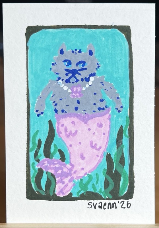 ACEO original Cat Mermaid Ocean Sea Whimsy Collectible Acrylic Art Card Svaenn