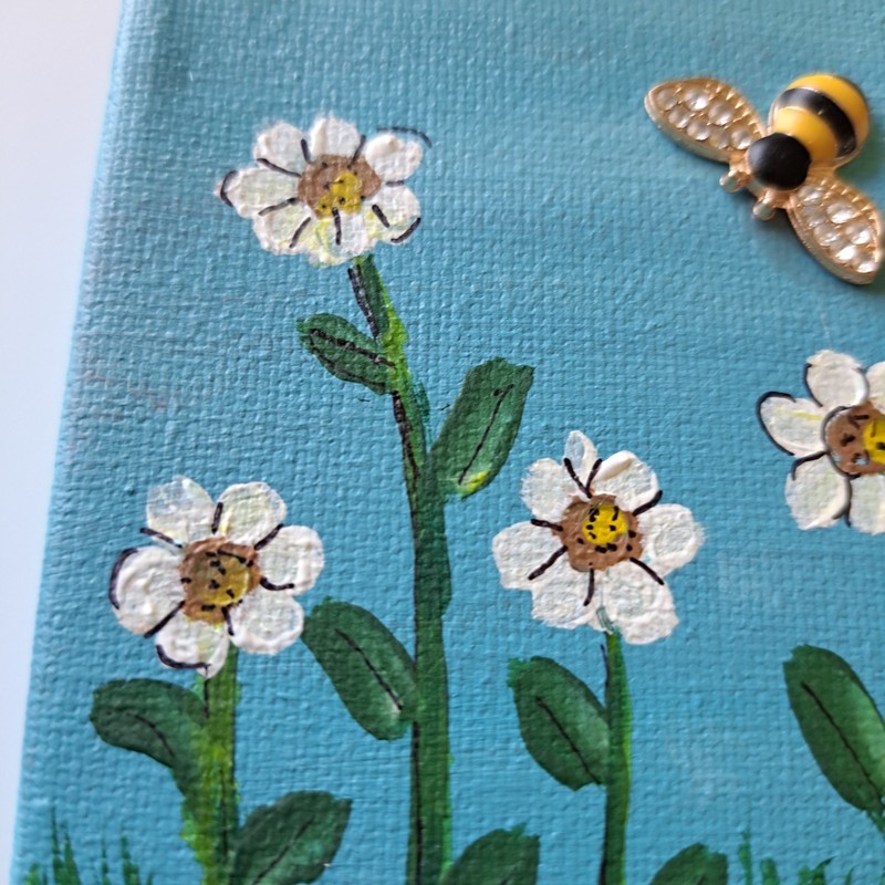 Garden Flowers "Bee On Daisies" Original Acrylic Painting On Canvas 4" gallery